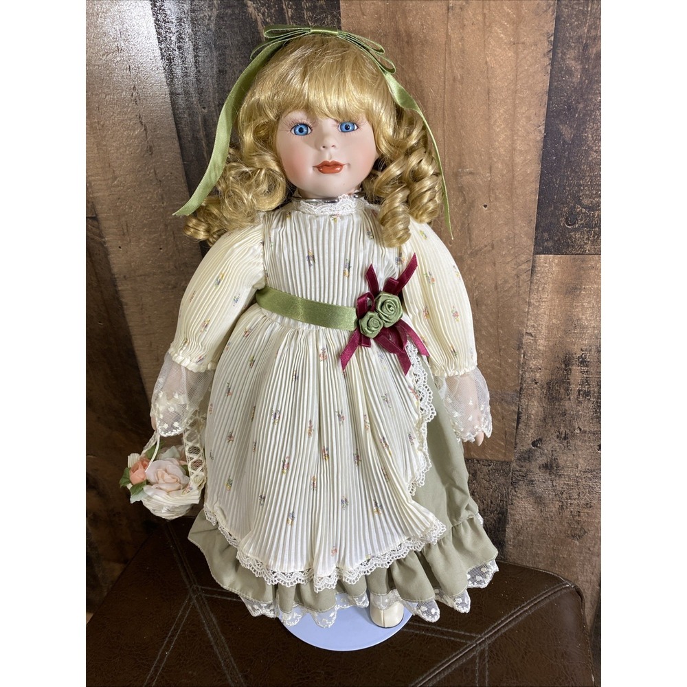 Westminster Porcelain 17" Girl Doll Light Skin Curly Blonde Hair With Stand Vtg
